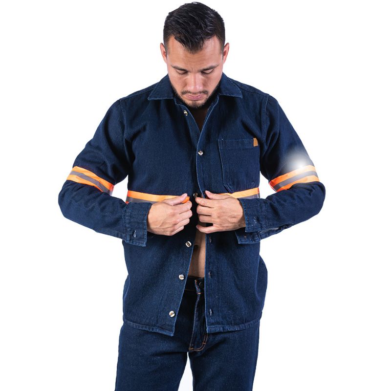 Camisa de Mezclilla Industrial con cinta reflejante para Hombre | Camisola de mezclilla uso rudo 14 oz