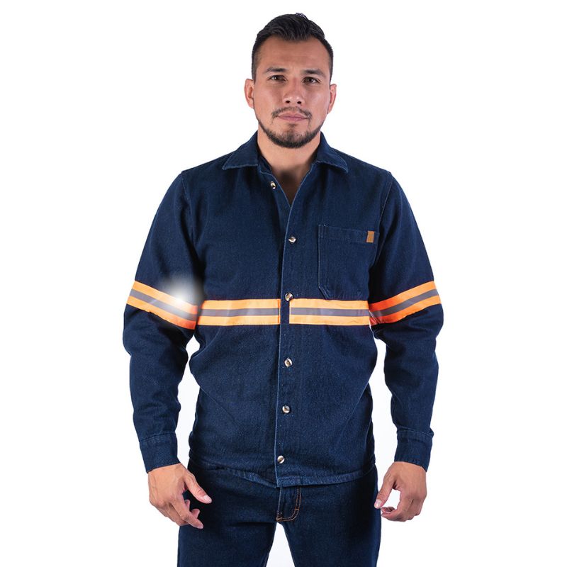 Camisa de Mezclilla Industrial con cinta reflejante para Hombre | Camisola de mezclilla uso rudo 14 oz