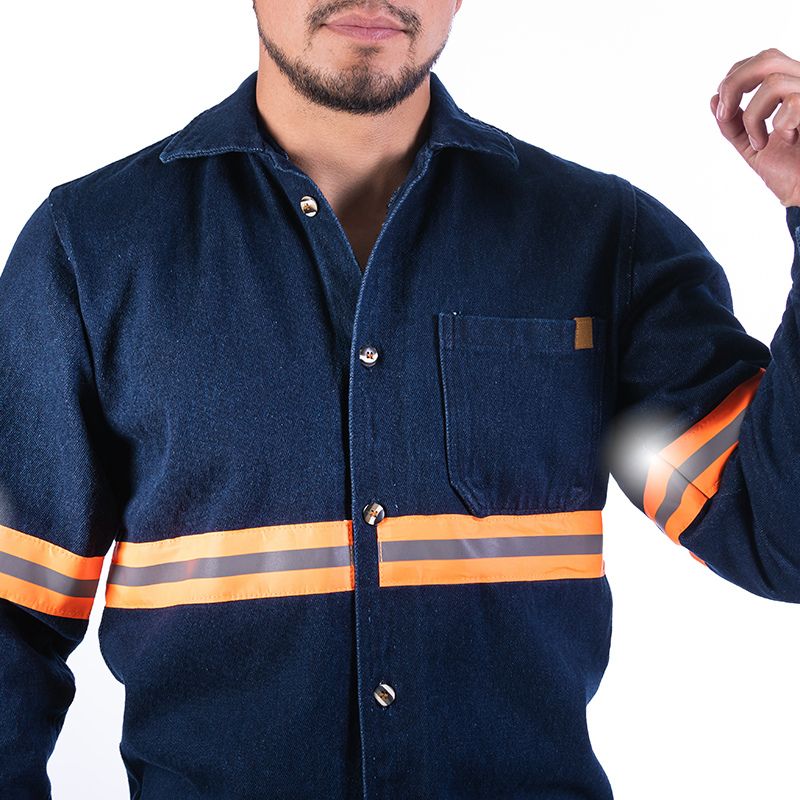 Camisa de Mezclilla Industrial con cinta reflejante para Hombre | Camisola de mezclilla uso rudo 14 oz