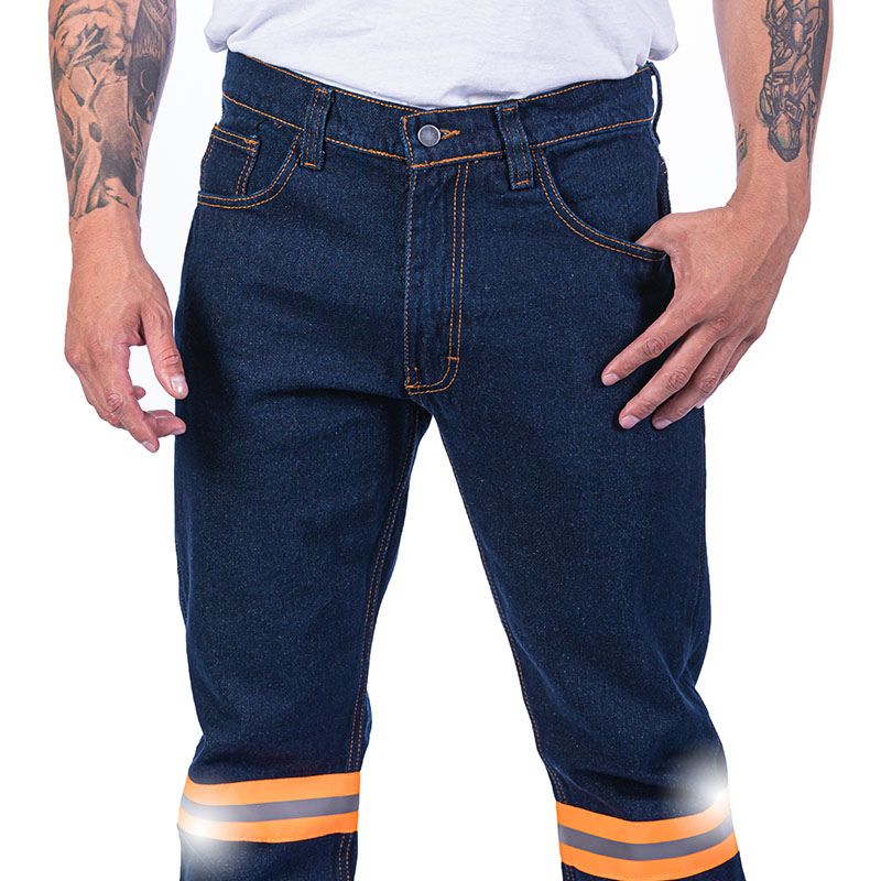 Pantalón de mezclilla para caballero con cinta reflejante 14 oz
