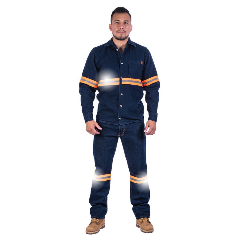 Pantalón de mezclilla para caballero con cinta reflejante 14 oz