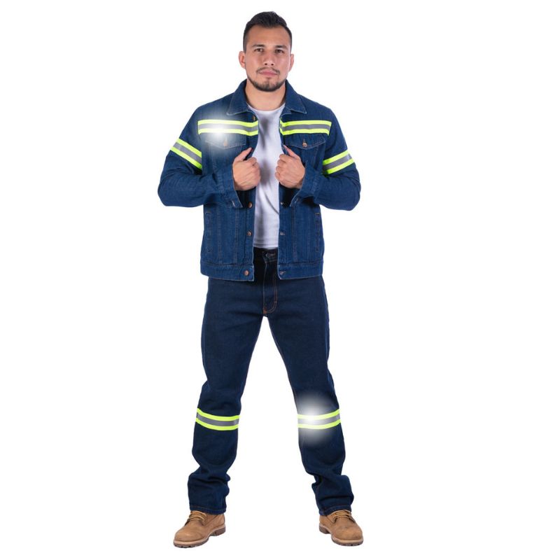 Pantalón de mezclilla para caballero con cinta reflejante 14 oz