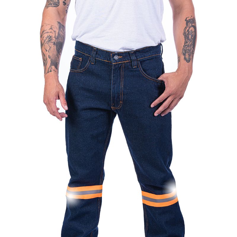 Pantalón de mezclilla para caballero con cinta reflejante 14 oz